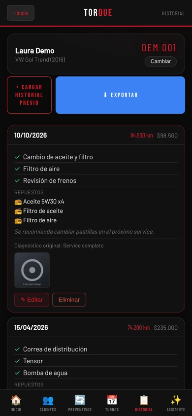 Historial de un vehículo en Torque