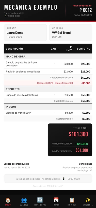 Presupuesto en PDF con descuento y adelanto